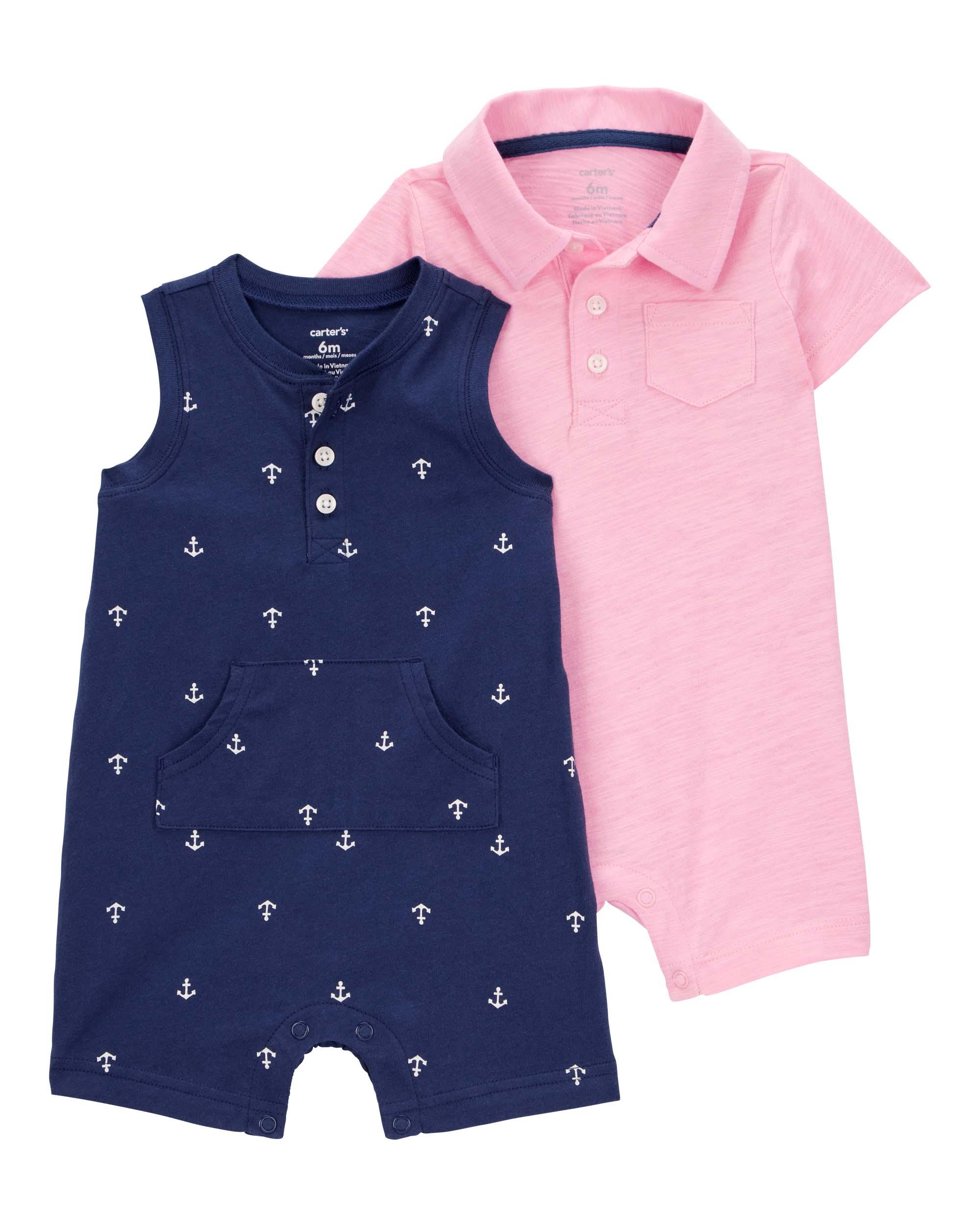 Carter's Baby 2-Pack Anchor Print Polo Rompers - Blue & Pink