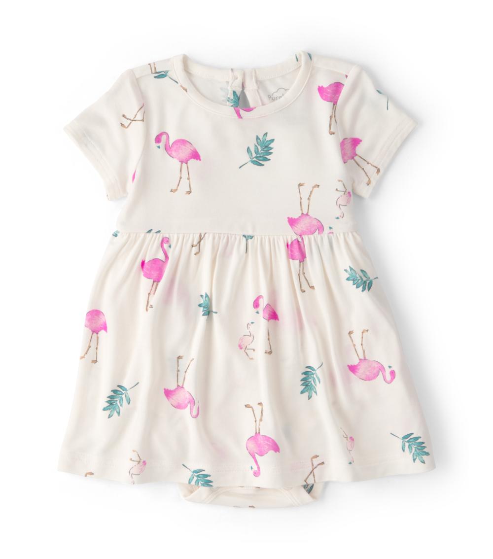 PurelySoft Baby Girls Flamingo Print Dress, Ivory