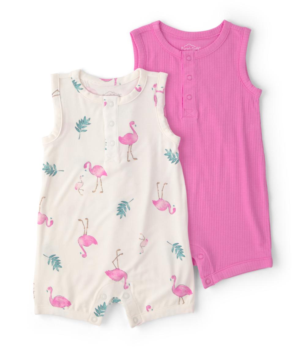 PurelySoft Baby Girls Flamingo Print 2 Pack Romper, Multicolor