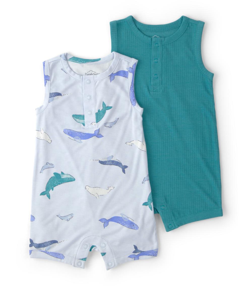 PurelySoft Baby Boys Whale Print 2 Pack Romper, Blue