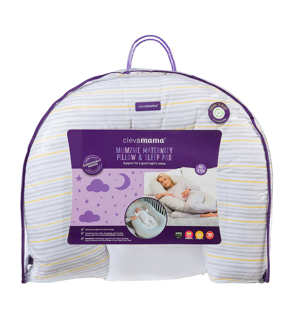 CLEVAMAMA Mum2Me Maternity Pillow & Baby Pod - Grey /Yellow Stripes