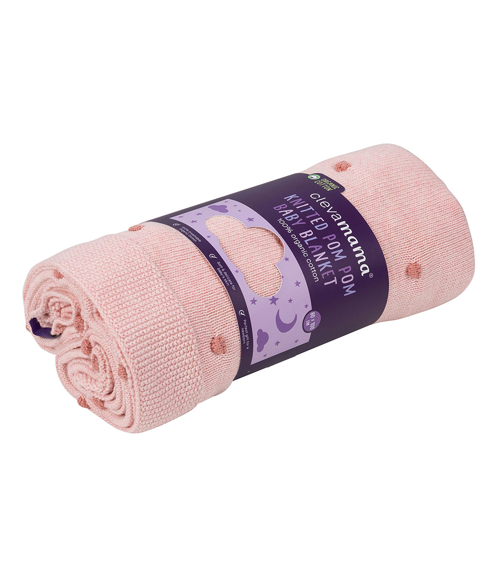 CLEVAMAMA Knitted Pom Pom Baby Blanket -  Organic Cotton (80 x 100 cm) - Pink
