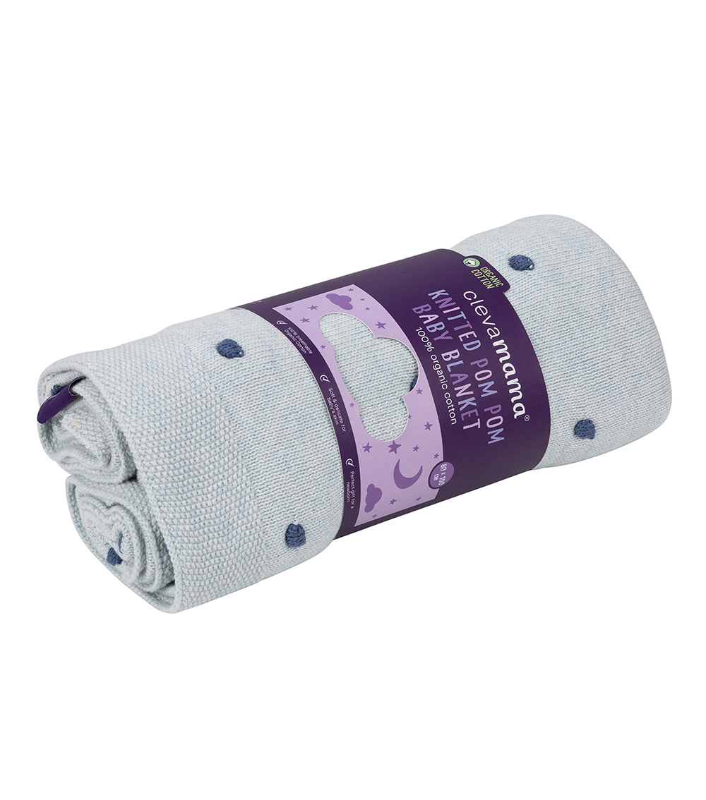 CLEVAMAMA Knitted Pom Pom Baby Blanket - Organic Cotton (80 x 100 cm) - Blue