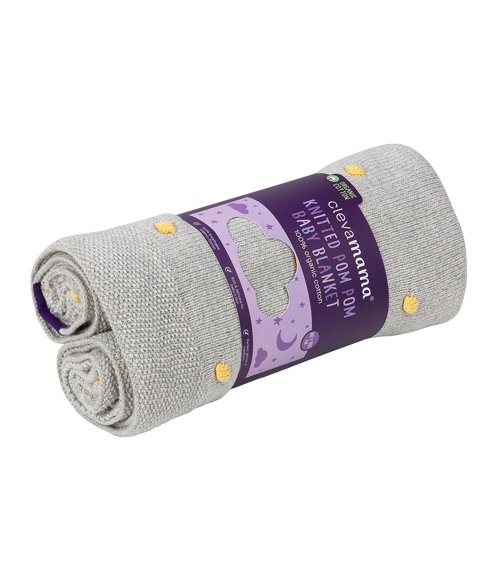 CLEVAMAMA Knitted Pom Pom Baby Blanket -  Organic Cotton (80 x 100 cm) - Grey
