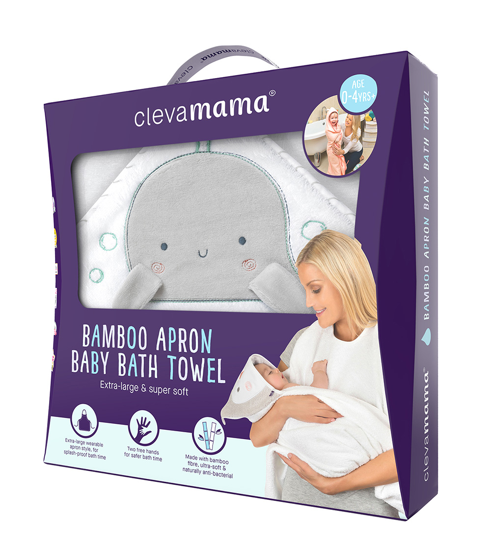 CLEVAMAMA Bamboo Apron Baby Bath Towel - White & Grey