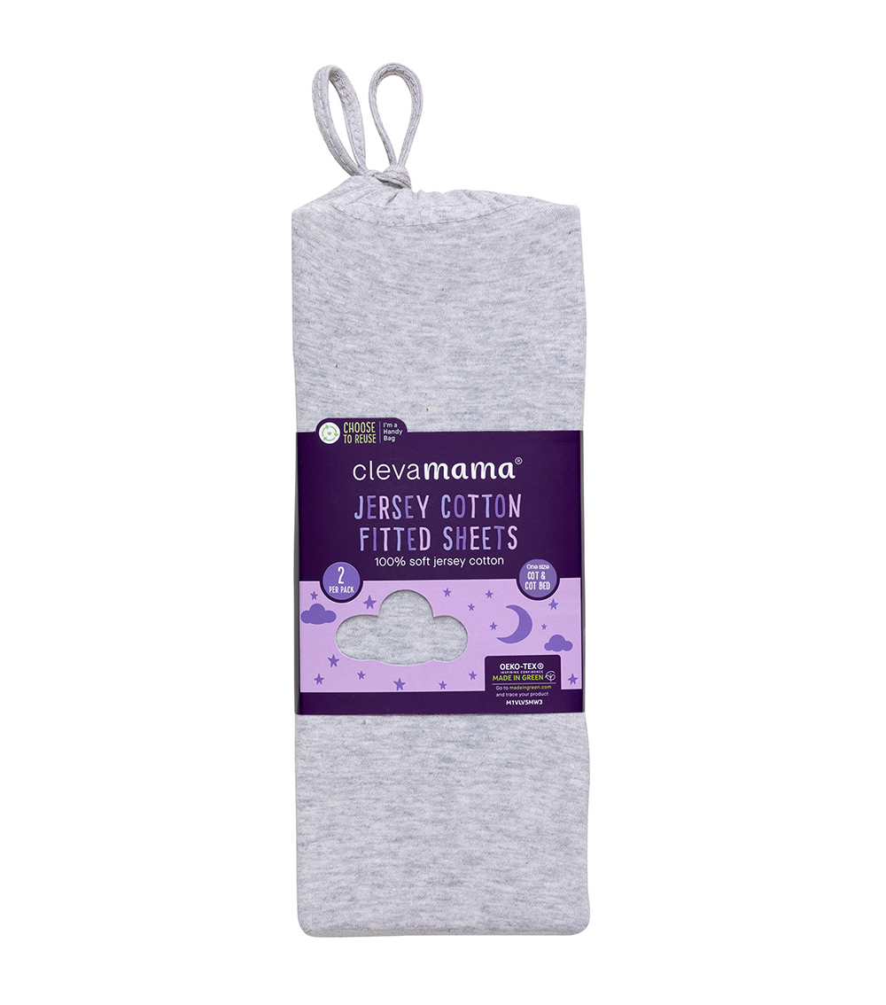 CLEVAMAMA Jersey Cotton Fitted Sheets (70 x 140 x 17cm) - Melange Grey (2Pk)