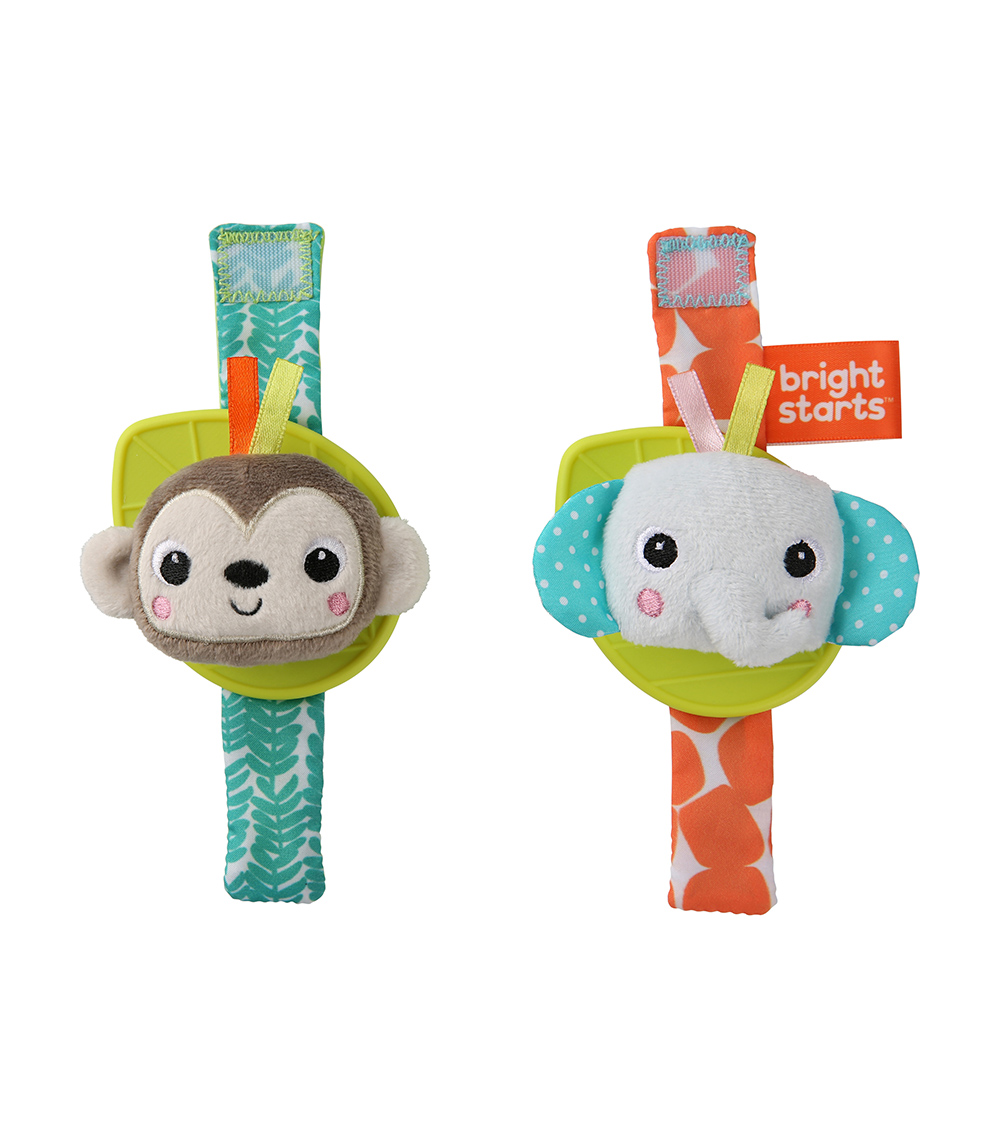BRIGHT STARTS Rattle & Teethe Wrist Pals - Monkey & Elephant