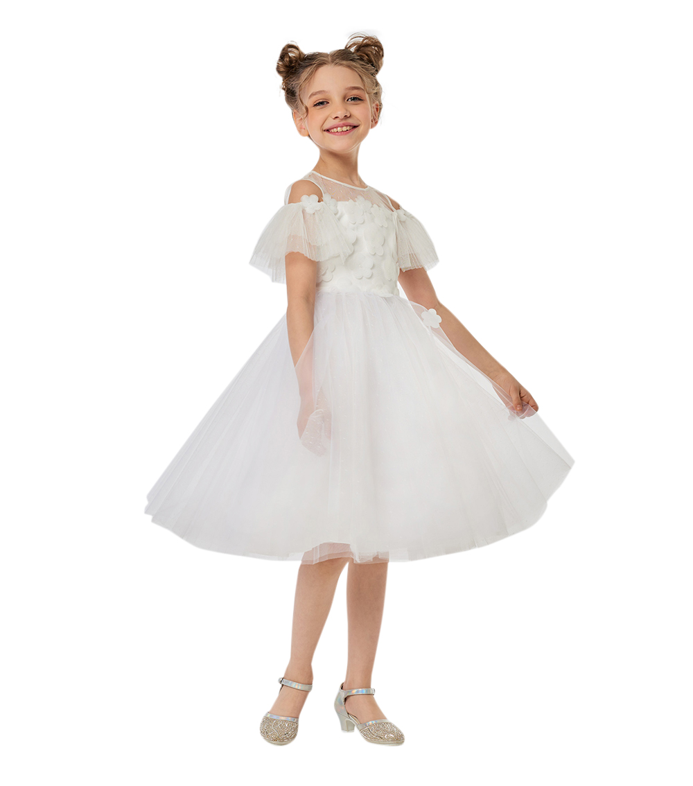 3D Flowers Decorated Fluffy Skirt Smart Dress,ecru