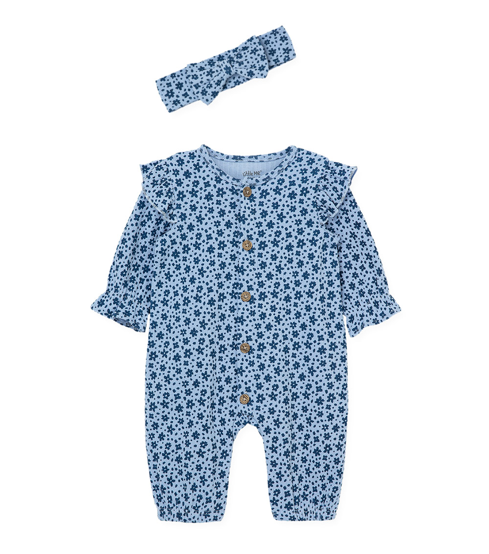 LITTLE ME All Over Floral Print Indigo Jumpsuit with Headband