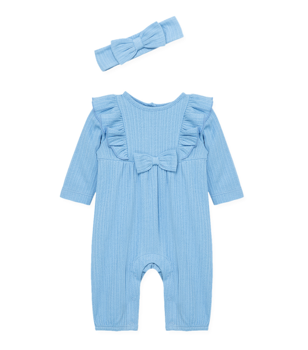 LITTLE ME Blue Pointelle Jumpsuit with Headband