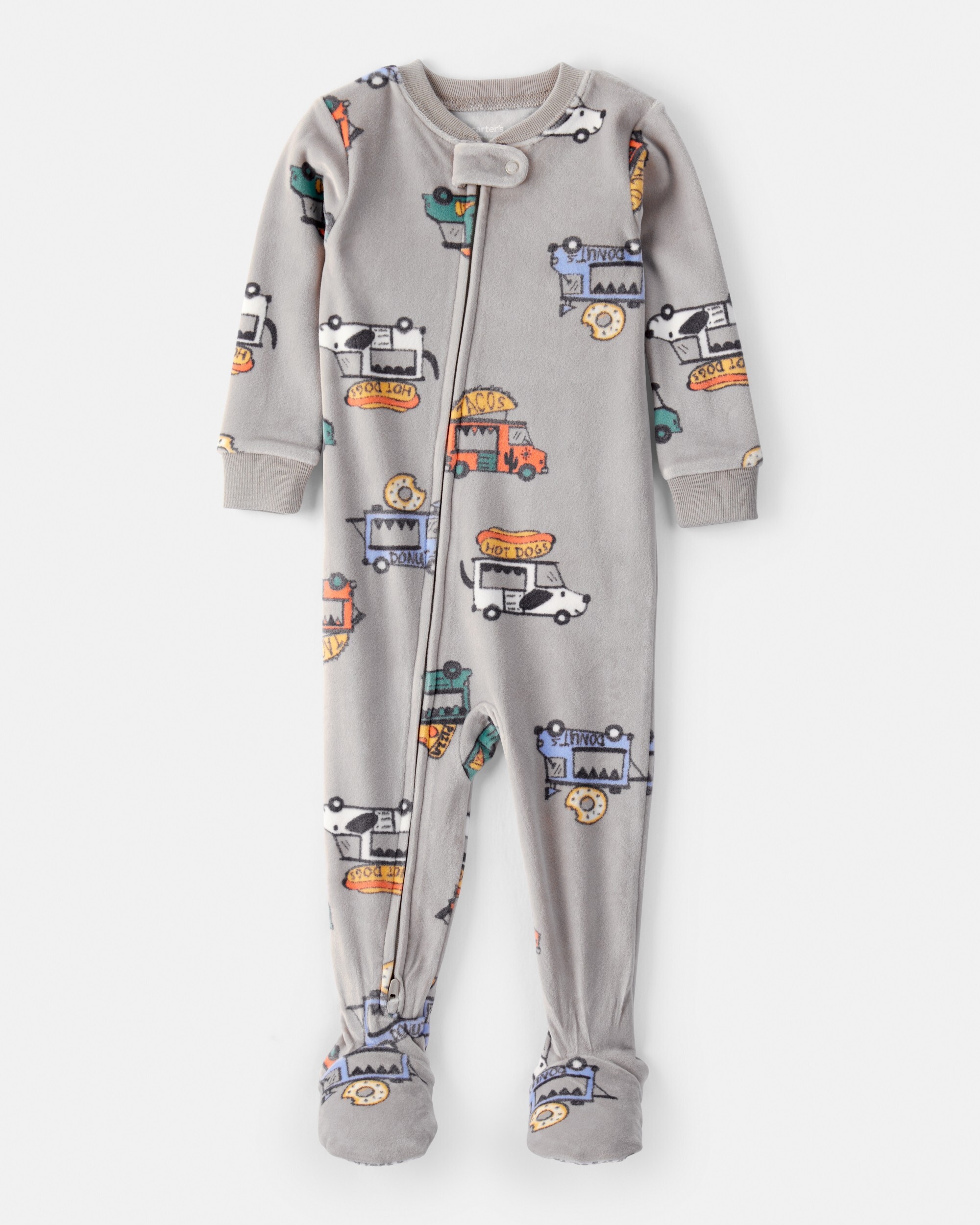 Carter's Velboa Toddler Boy Food Truck Snug Fit Long-Sleeve 2-Way Zip 1-Piece Pajamas, Grey