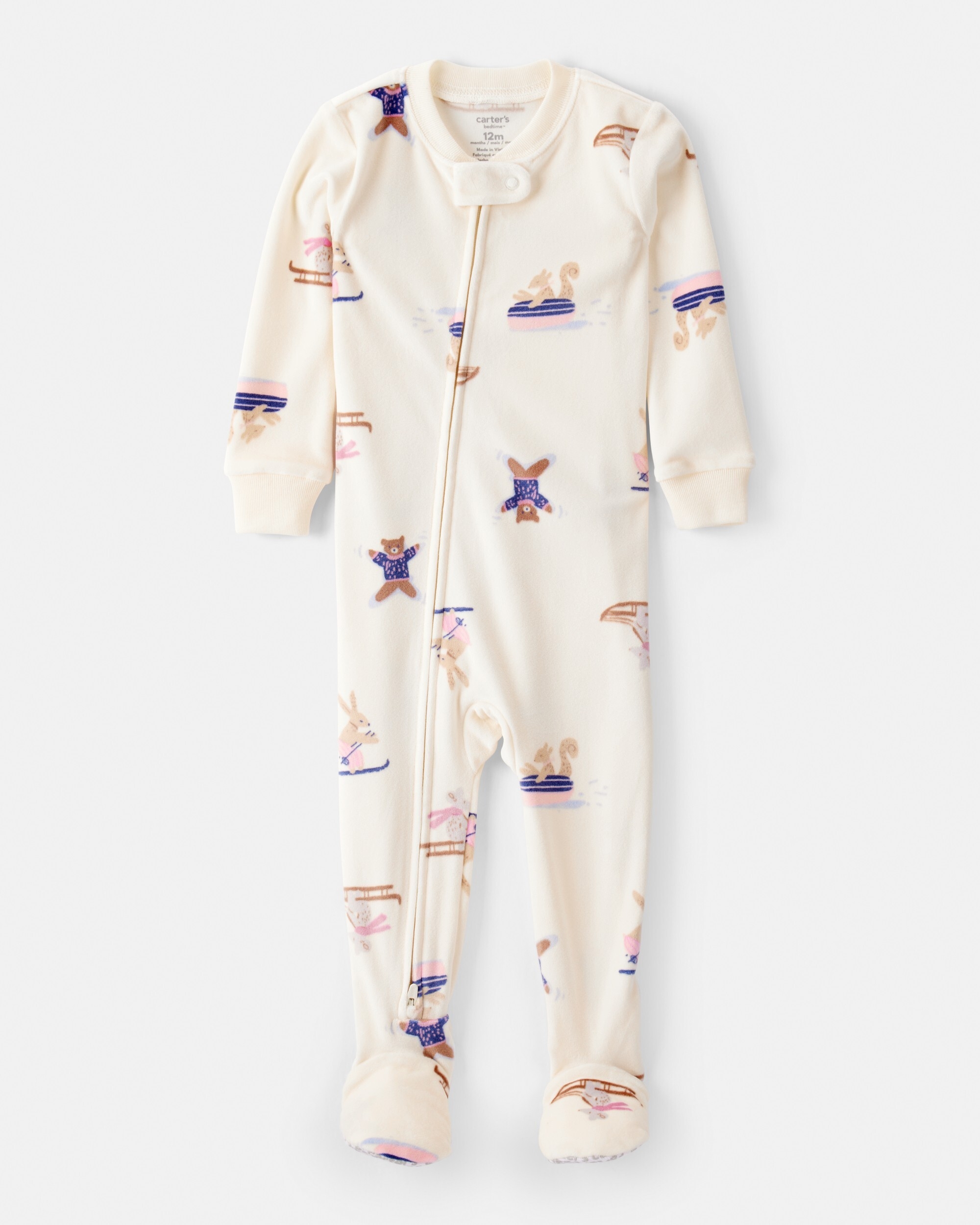 Carter's Velboa Toddler Girl Animals Snug Fit Long-Sleeve 2-Way Zip 1-Piece Pajamas, Ivory