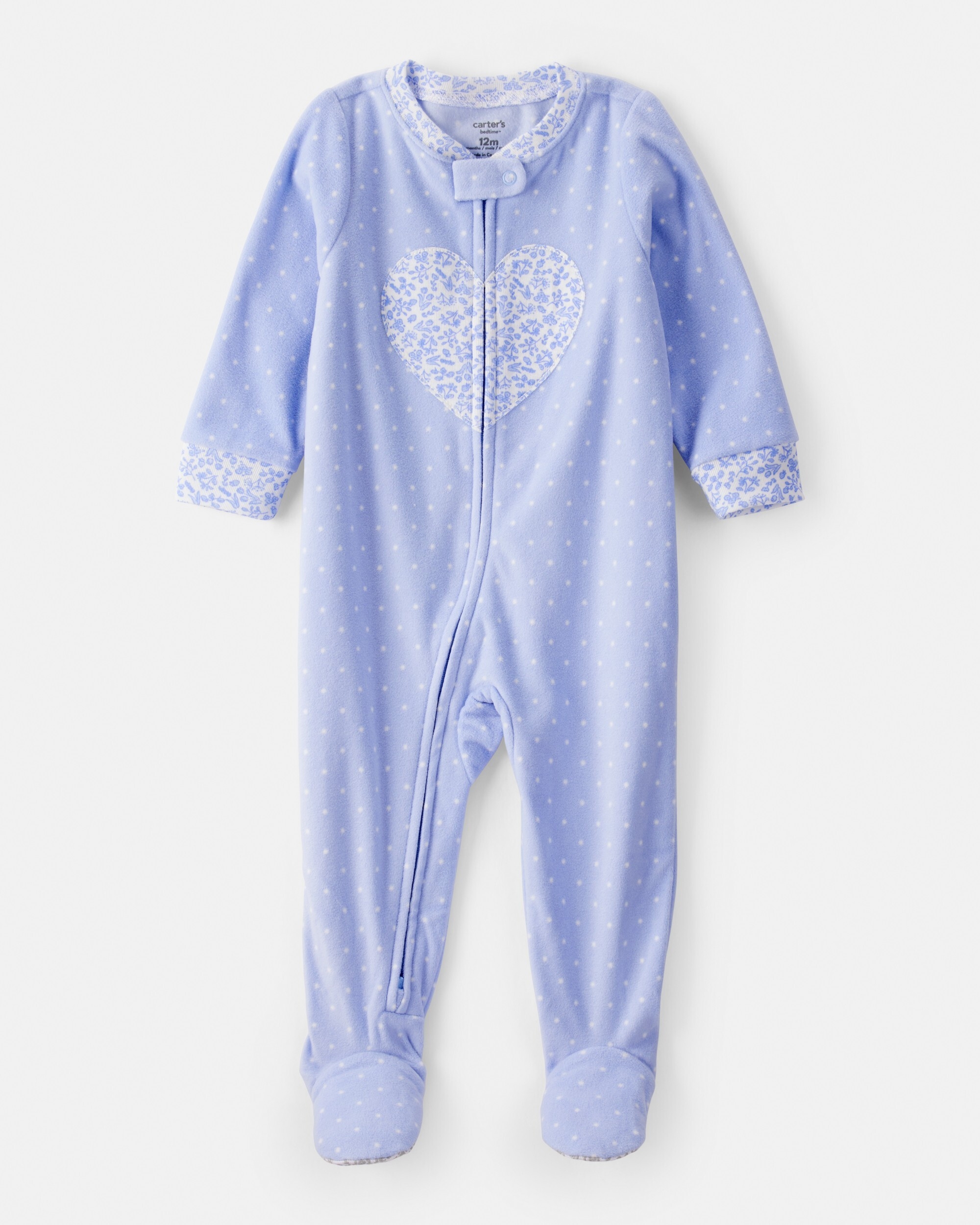 Carter's Toddler Girl Heart Polka Dot Print Loose Fit Fleece Long-Sleeve 2-Way Zip 1-Piece Pajamas, Blue