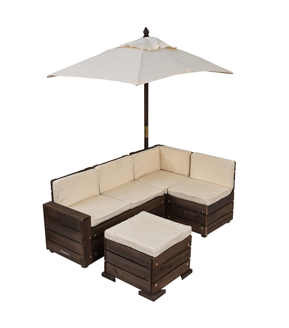KIDKRAFT Outdoor Sectional Ottoman & Umbrella Set- Bear Brown & Beige Toy