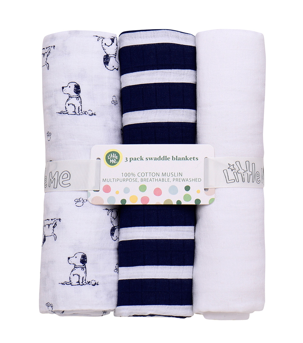 LITTLE ME 3-Piece Puppy Print Muslin Blanket Set