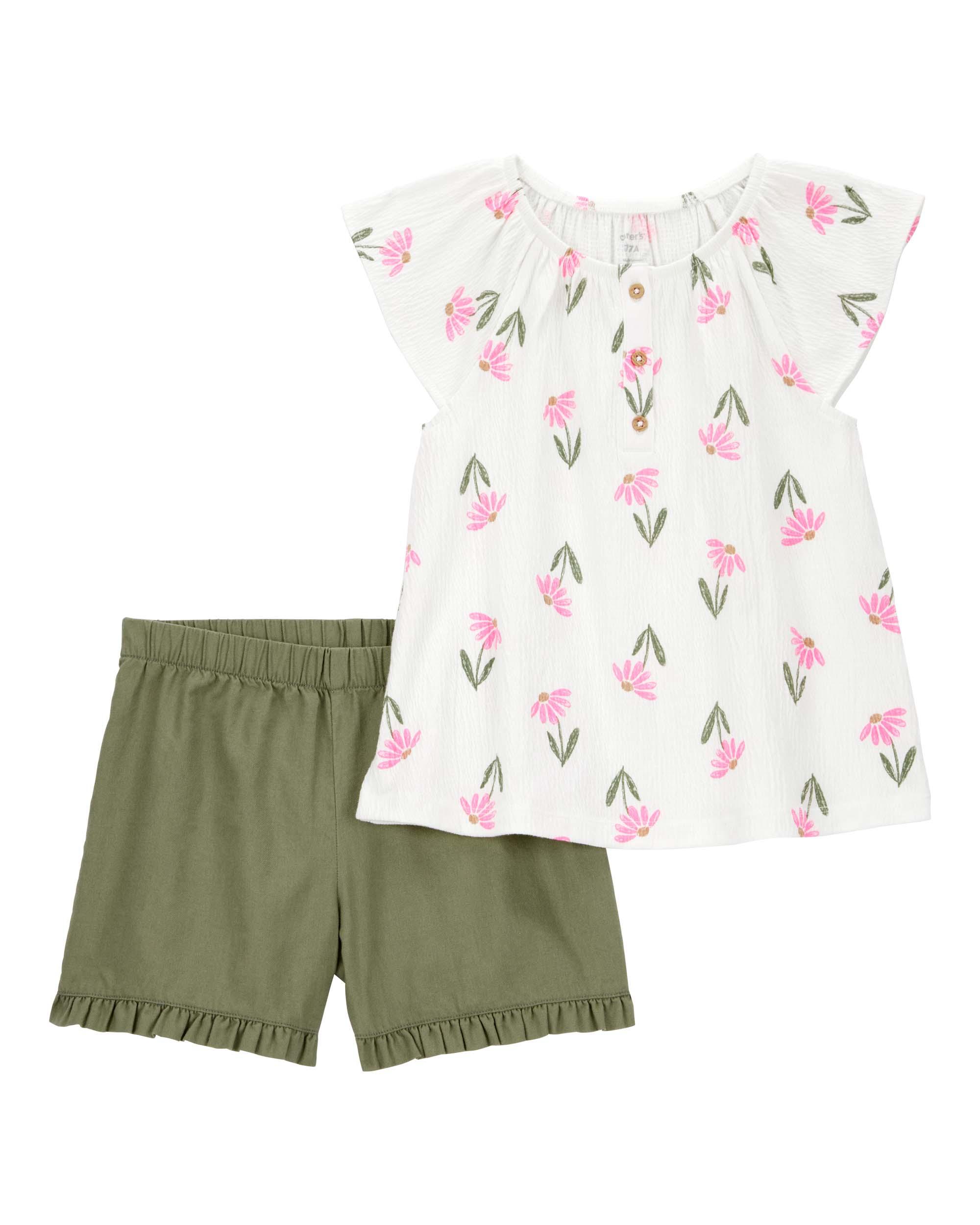 Carter's Toddler 2-Piece Floral Round Top and Shorts Set - Cream & Green