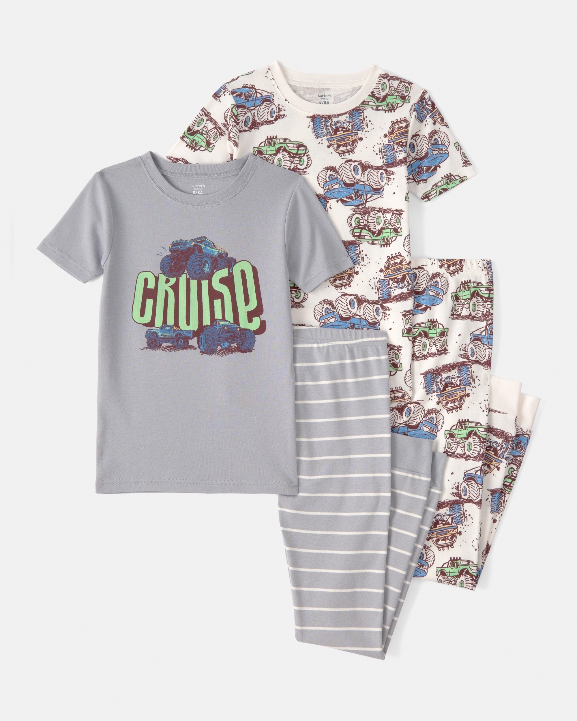 Carter's Toddler Boys Monster Truck 100% Cotton Snug Fit 4-Piece Pajama Set - Grey