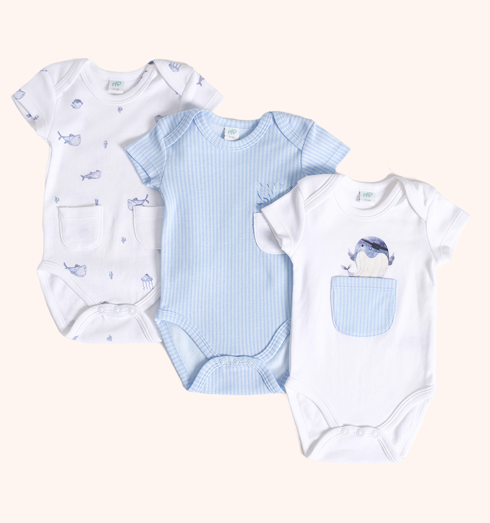 MOMSTORE 3-Pack Whale Print Bodysuit, Blue (0-18M)