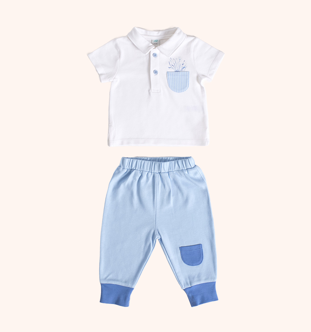 MOMSTORE 2-Piece Floral Print Polo T-Shirt and Pants Set, Blue (6-24M)