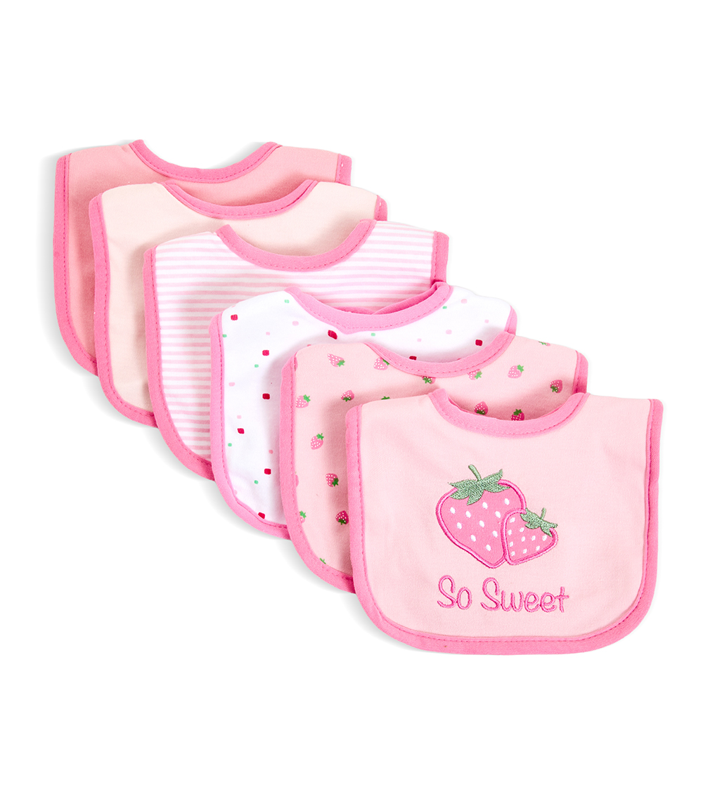 LITTLE ME Girls Strawberry Print 6 Piece Of Bibs, Pink