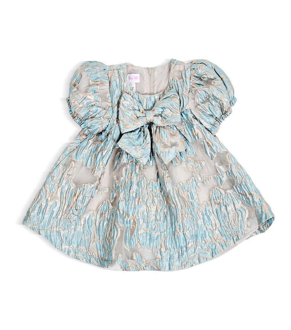 BONNIE BABY Girls Metallic Floral Occasion Dress with Puff Sleeves & Bow, Blue
