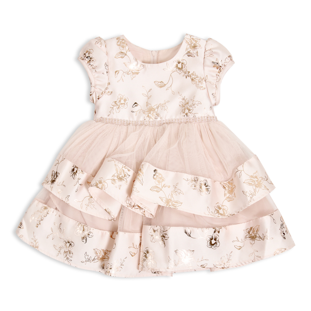 BONNIE BABY Girls Floral Dress with Ruffled Layers & Puff Sleeves, Blush