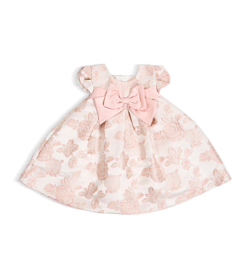 BONNIE BABY Girls Rose Embroidered Dress with Satin Bow Detail, Blush