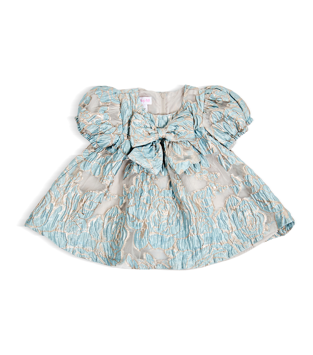 BONNIE BABY Girls Floral Jacquard Party Dress with Puff Sleeves & Bow Detail, Blue