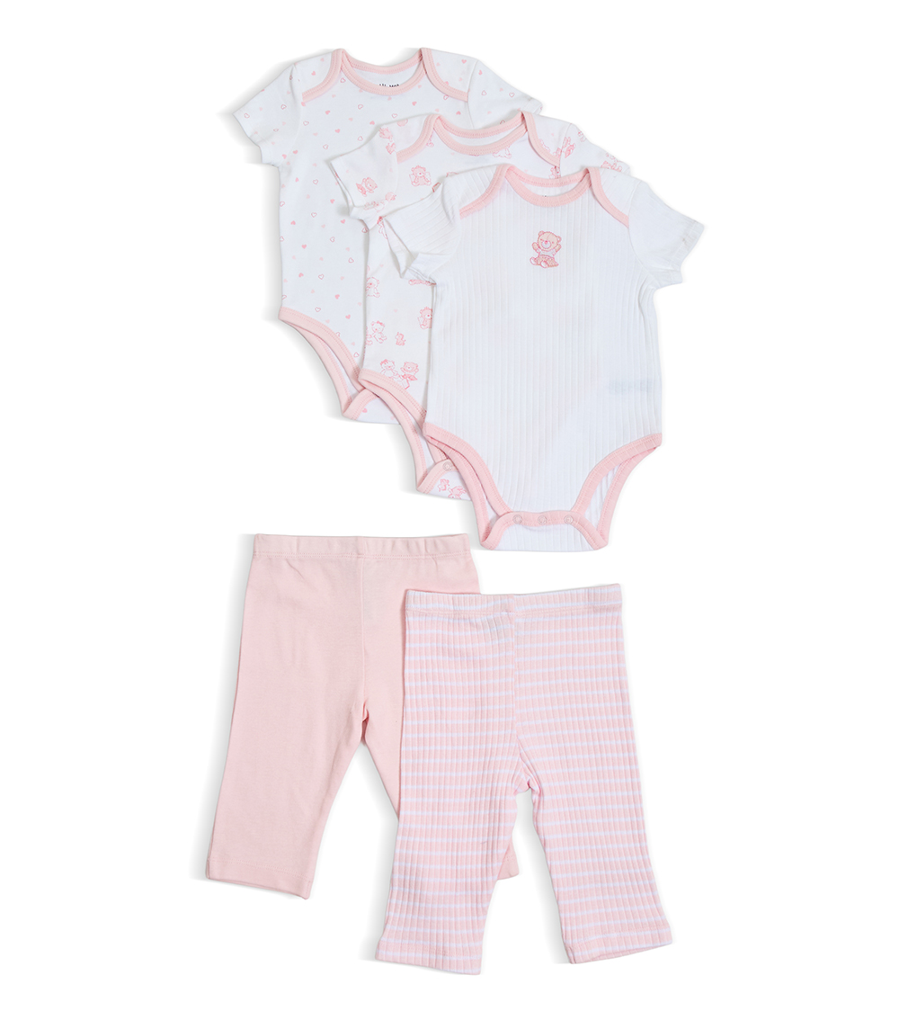 LITTLE ME Girls Bear Printed 5 Piece Bodysuit Pant Set, Pink