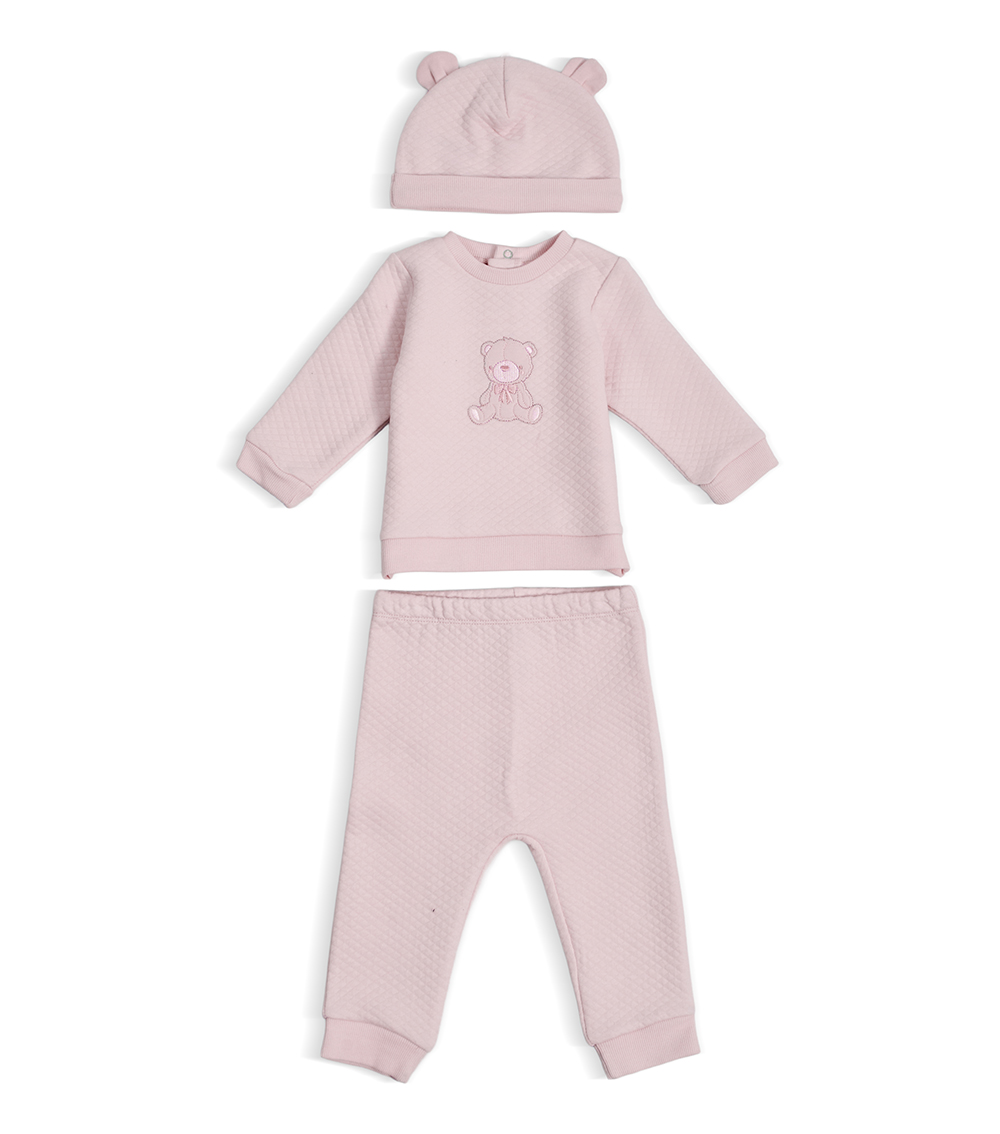 LITTLE ME Girls Bear Print Quilted Pant Set With Hat, Pink