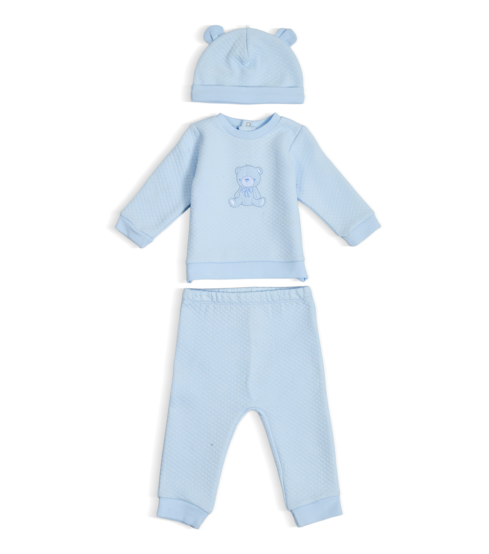 LITTLE ME Boys Bear Print Quilted Pant Set With Hat, Blue