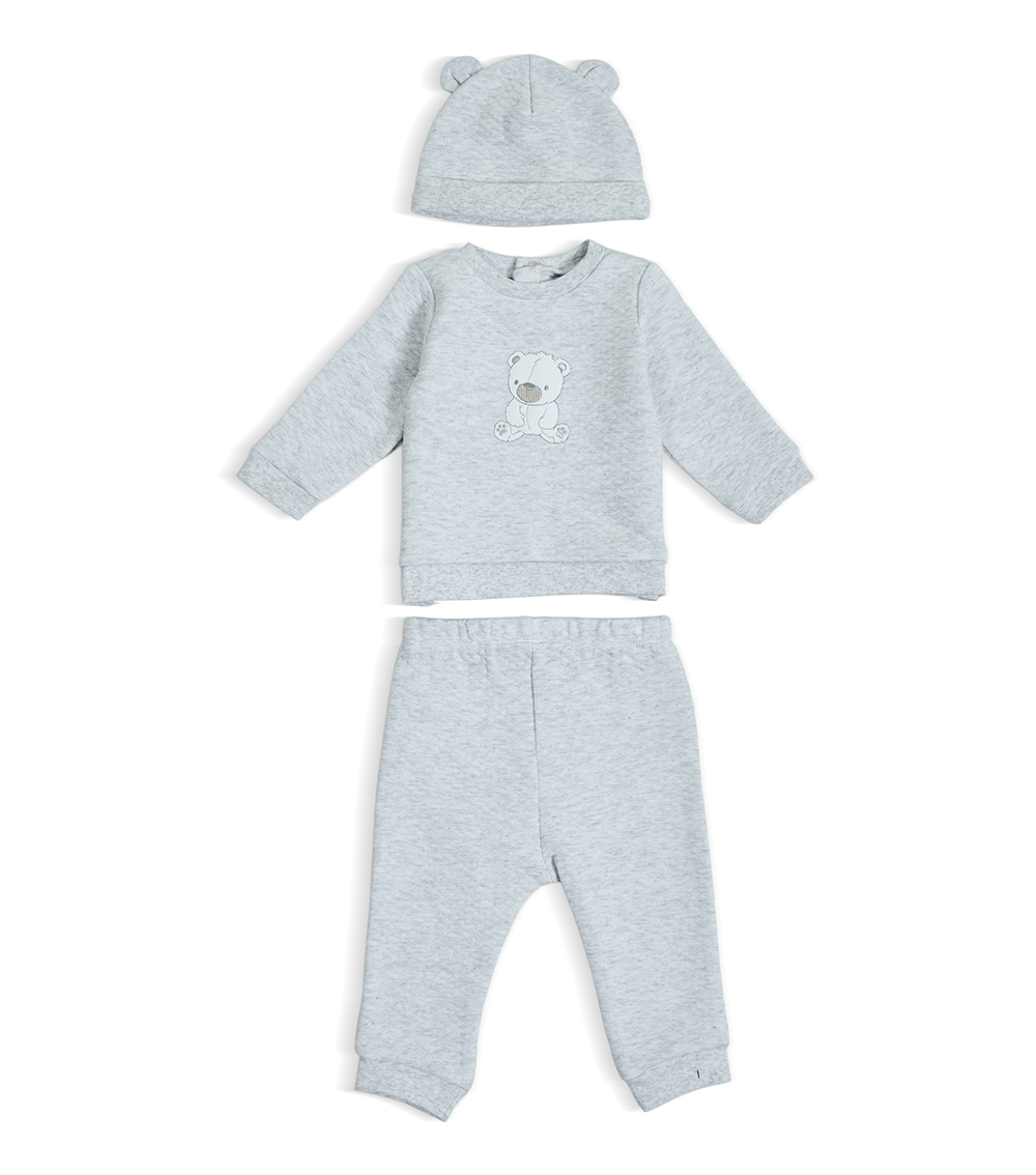 LITTLE ME Boys Bear Print Quilted Pant Set With Hat, Grey