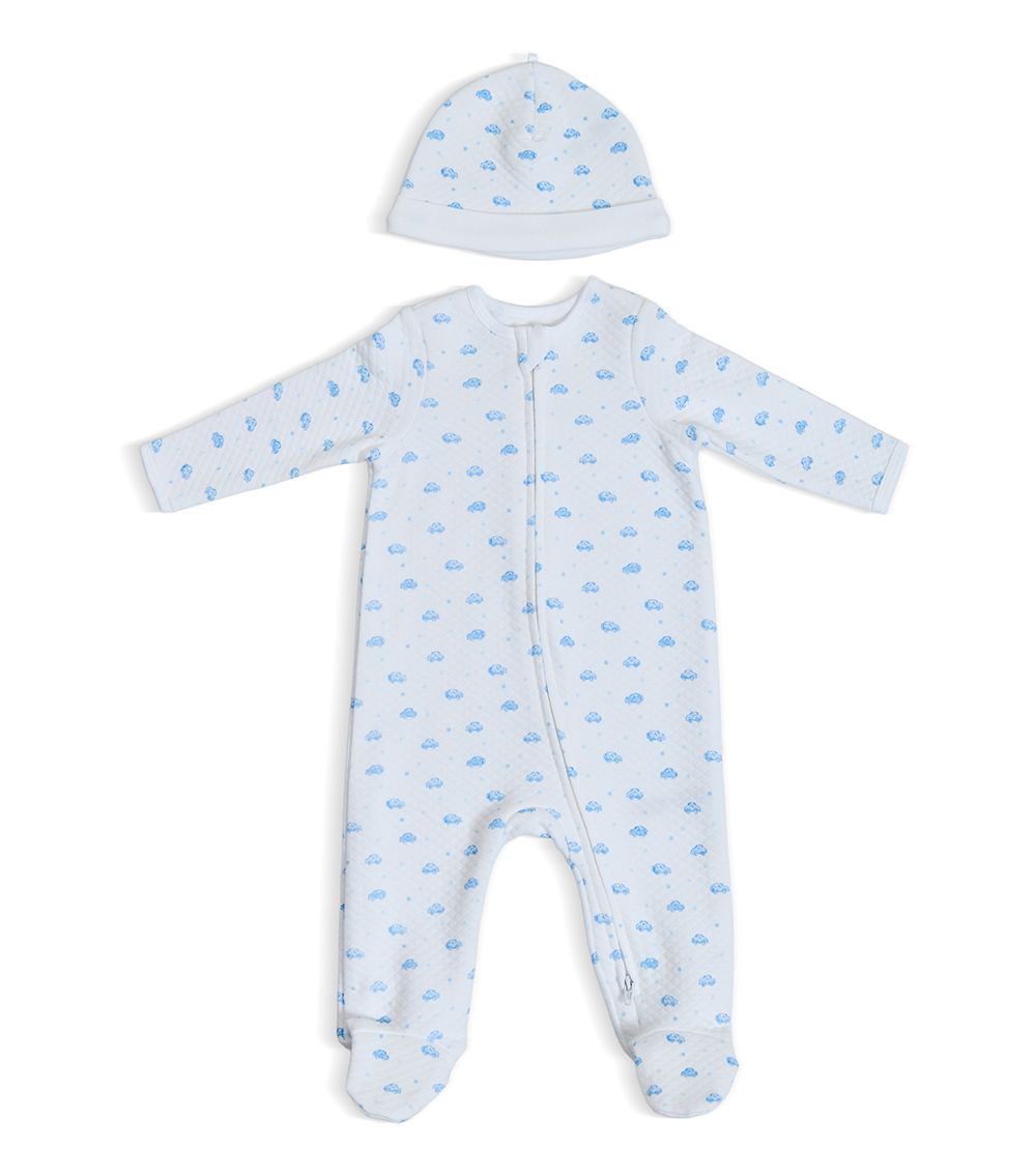 LITTLE ME Boys Cars Print Quilted Footie And Hat, Blue