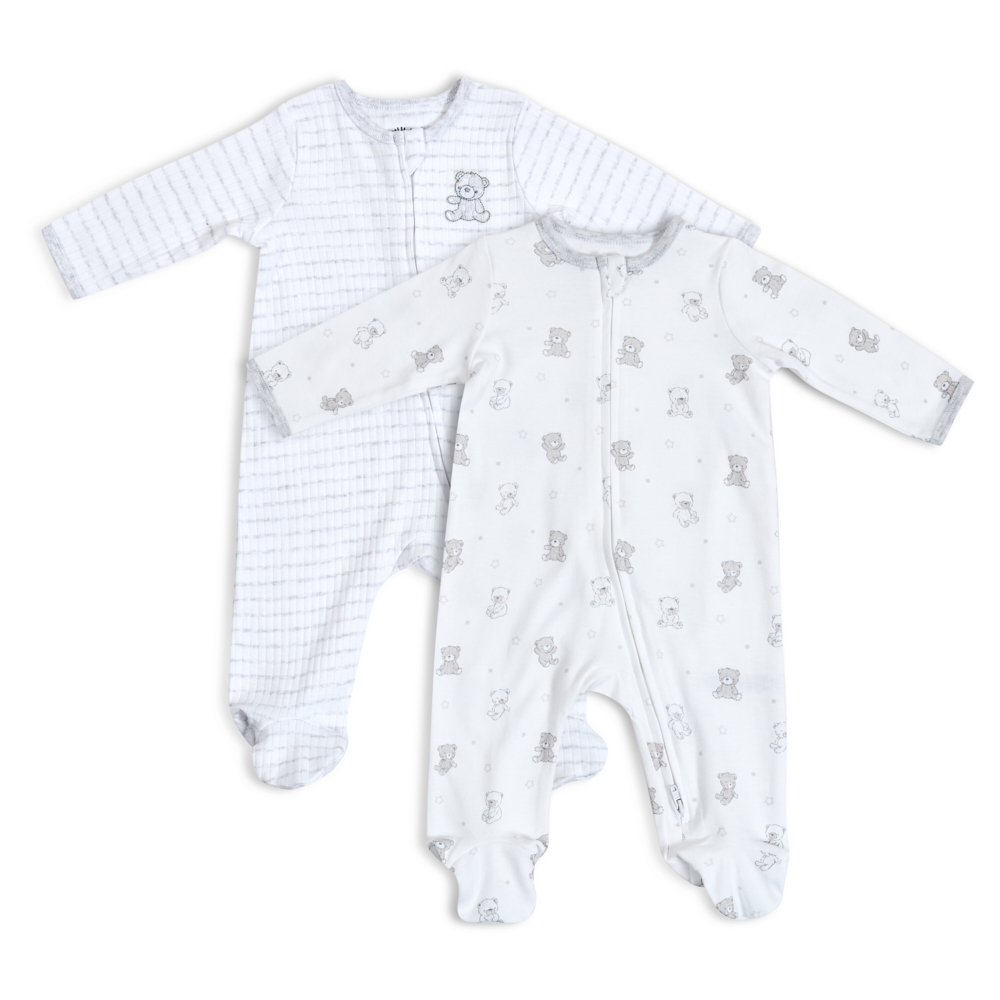 LITTLE ME Boys Bear Printed 2 Pack Footies, Grey
