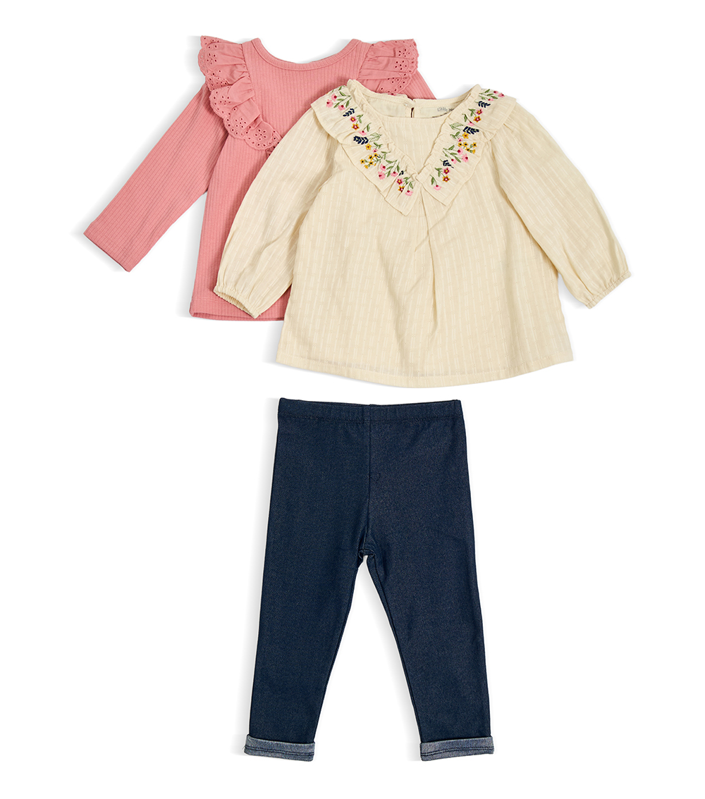 LITTLE ME Girls Embroidered 3 Piece Play Set, Multicolor