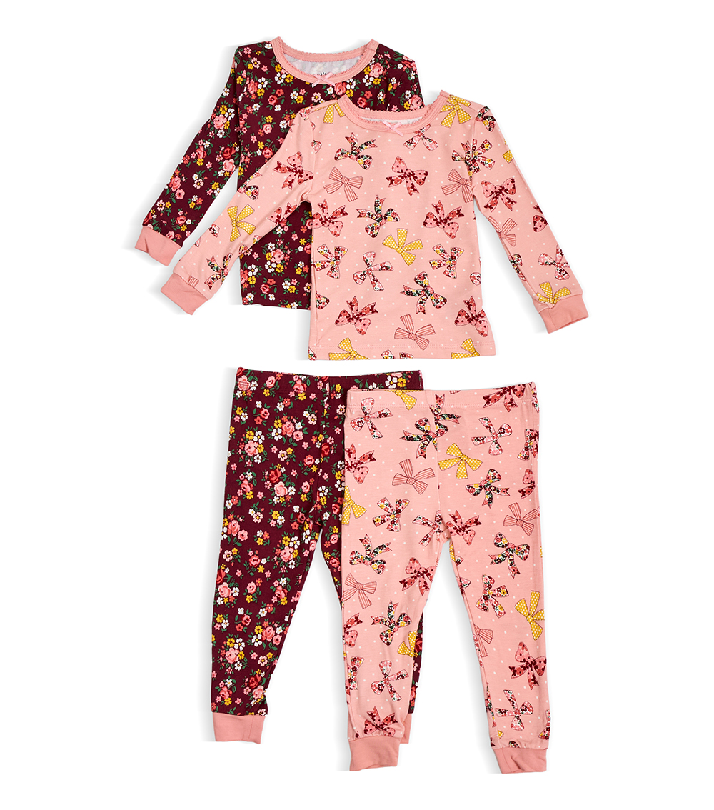 LITTLE ME Girls Bows 4 Piece Bamboo Pajama, Pink