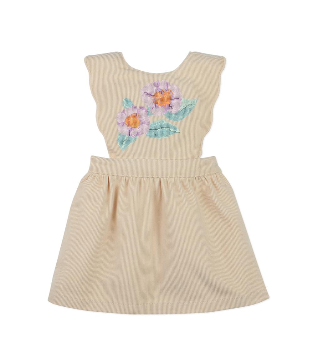 GINGERNAP Girl's Embroidered Woven A-Line Short Sleeve Frock, Beige