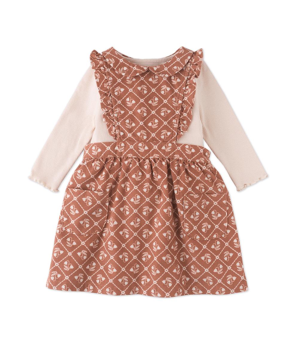 GINGERSNAPS Baby Girl Long Ruffled Sleeve Patchwork Floral Princess Dress, Brown