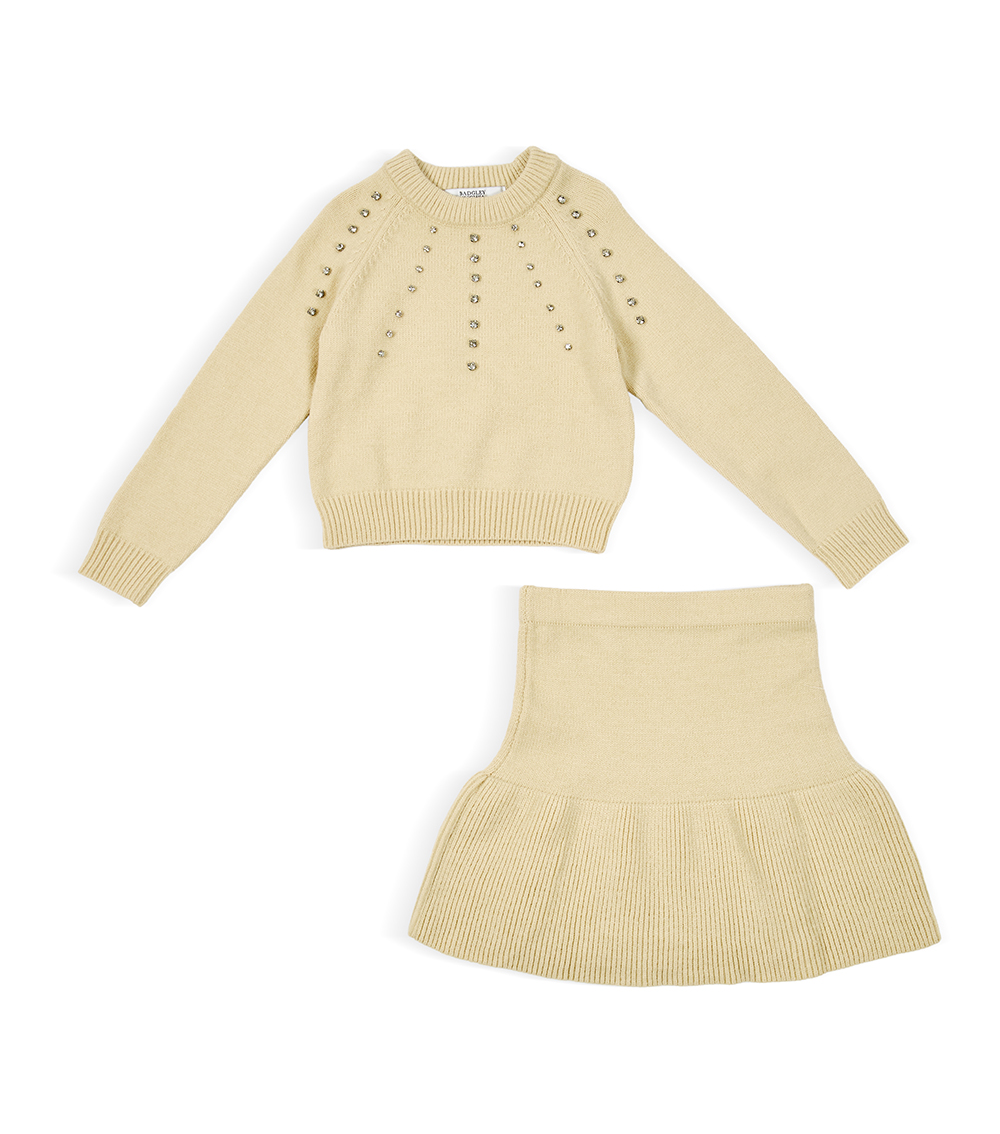 BADGLEY MISCHKA Kids Girls Long Sleeve Soft Knit Rhinestone Sweater, Beige
