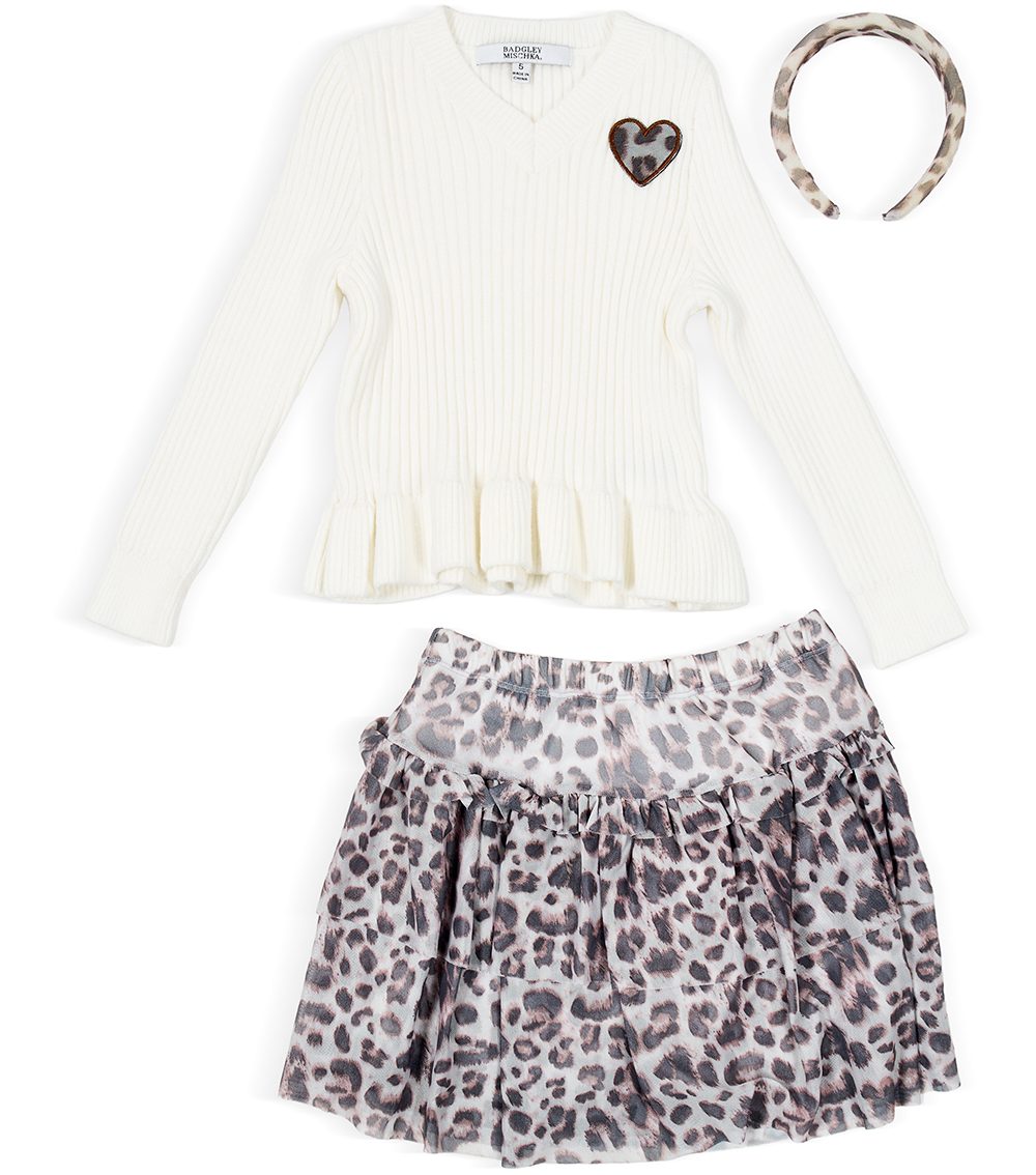 BADGLEY MISCHKA Kids Girls Long Sleeve Ribbed Leopard Print Sweater, Ivory