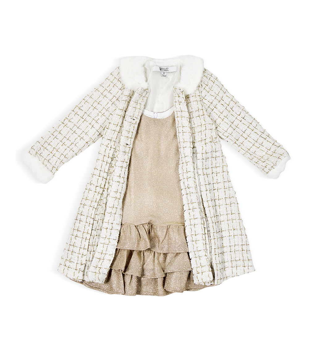 BADGLEY MISCHKA Kids Girls Metallic Tweed Fur Collar and Cuffs Coat, Ivory