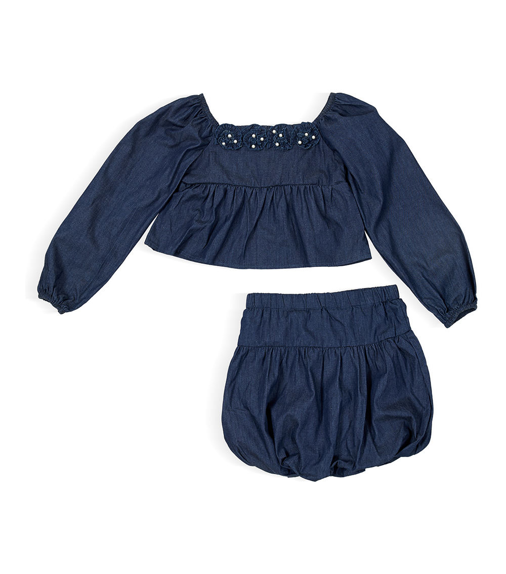BADGLEY MISCHKA Kids Girls Long Sleeve Denim Rosette Appliques Blouse, Blue