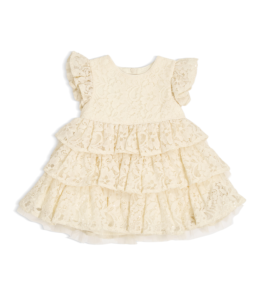 BONNIE BABY Girls Champagne Lace Tiered Party Dress with Flutter Sleeves, Ivory