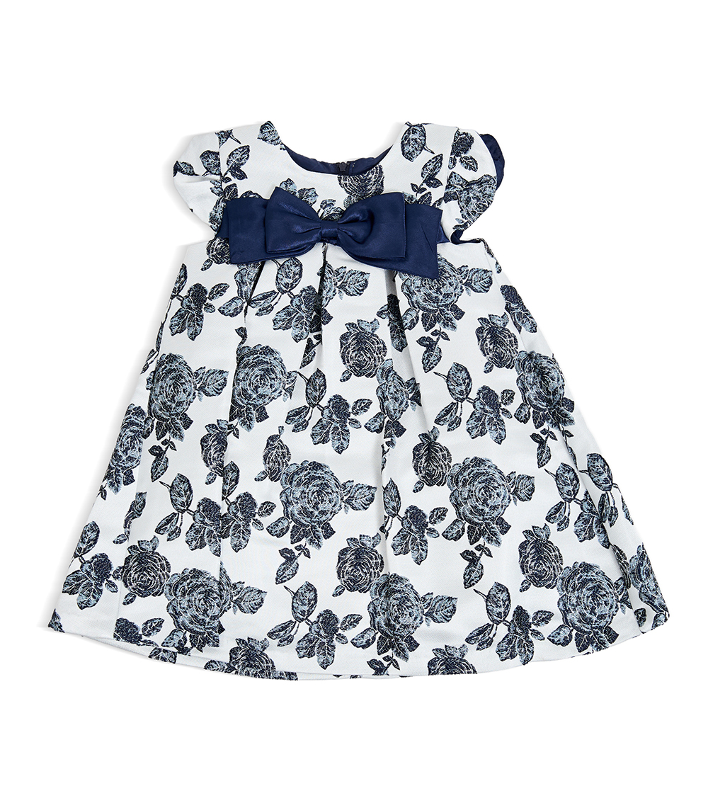 BONNIE BABY Girls Floral Jacquard Dress with Satin Bow, Navy