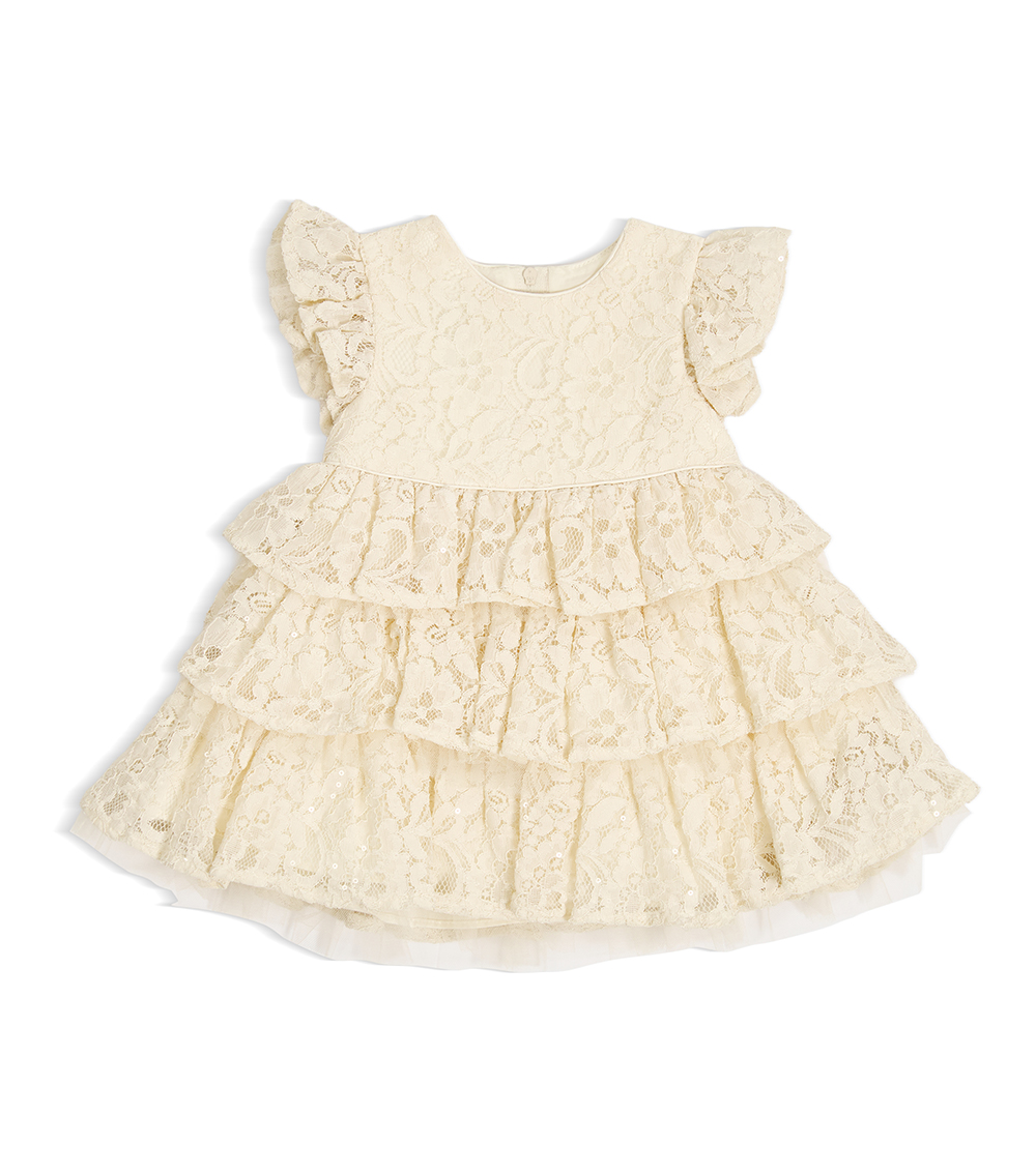 BONNIE BABY Girls Lace Tiered Party Dress with Flutter Sleeves, Ivory