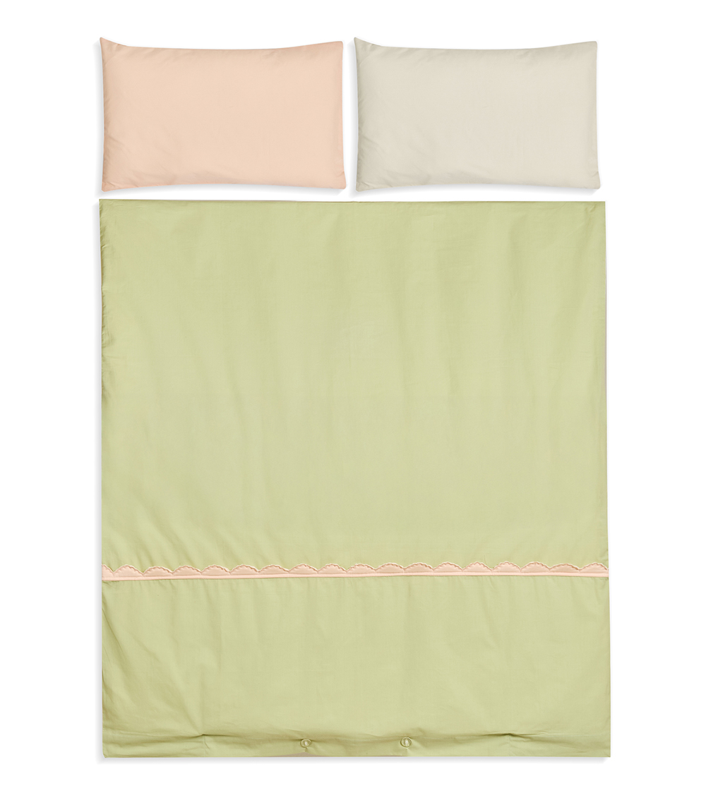 MOMSTORE Embellished Duvet Cover Set with 2 Pillowcases, Sage Green & Pink Scallop Trim (Breathable Fabric) (0+ months)