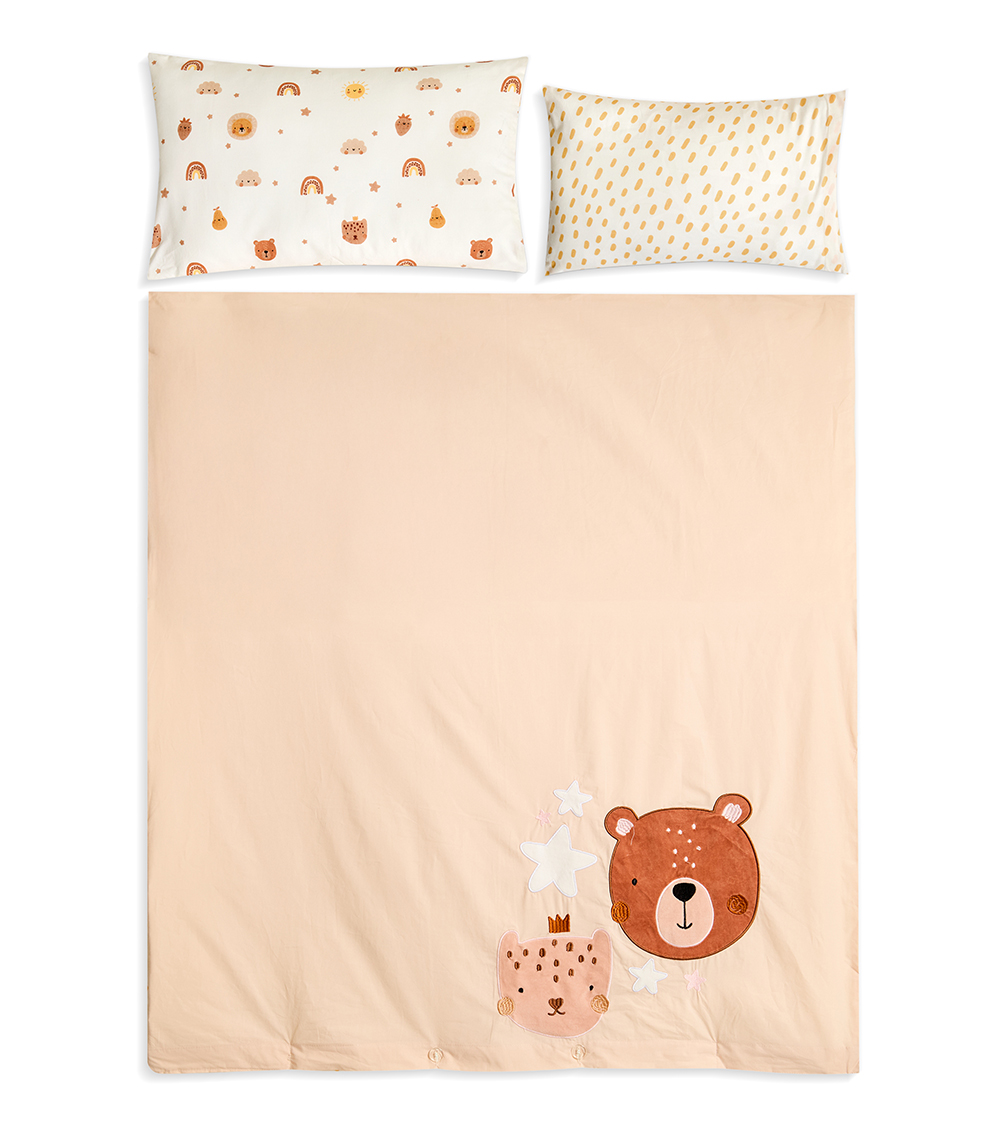 MOMSTORE Embroidered Bear & Star Duvet Cover Set with 2 Patterned Pillowcases, Orange & White (Breathable Fabric) (0+ months)
