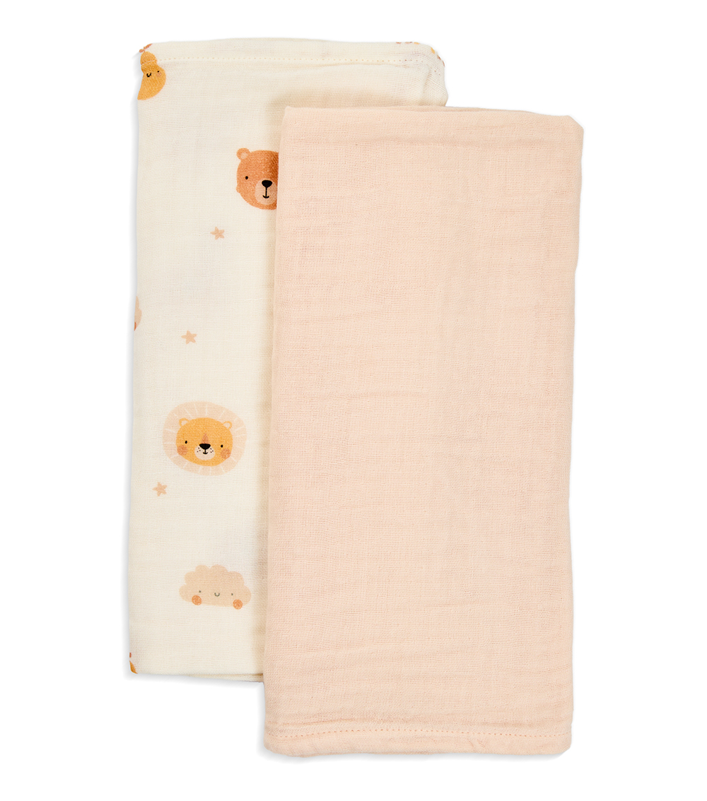MOMSTORE Muslin Cloth Set (2 Pcs) Baby Lion & Bear Print with Solid Apricot, Multicolor (Lightweight) (0+ months)