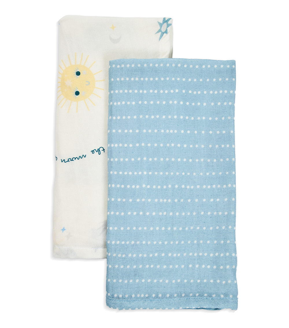 MOMSTORE Muslin Cloth Set (2 Pcs) Sun Moon Star Print with Blue Polka Dot Pattern, Multicolor (Lightweight) (0+ months)