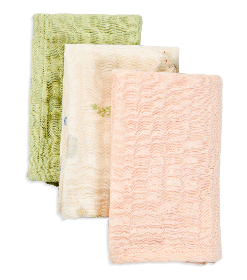 MOMSTORE Mini Muslin Burp Cloths Animal Print & Solid Colors (Pack of 3), Multicolor (Chemical-free) (0+ months)